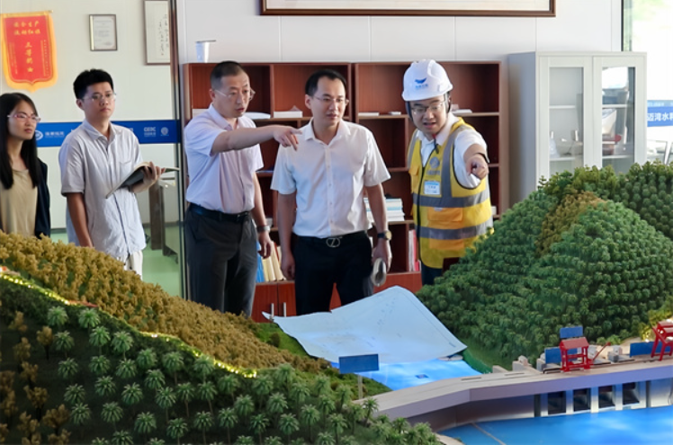 卓豪（右2）在迈湾水利工程审计中查看沙盘